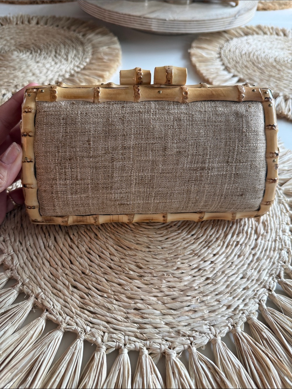 Beige Linen Clutch with Bamboo Frame
